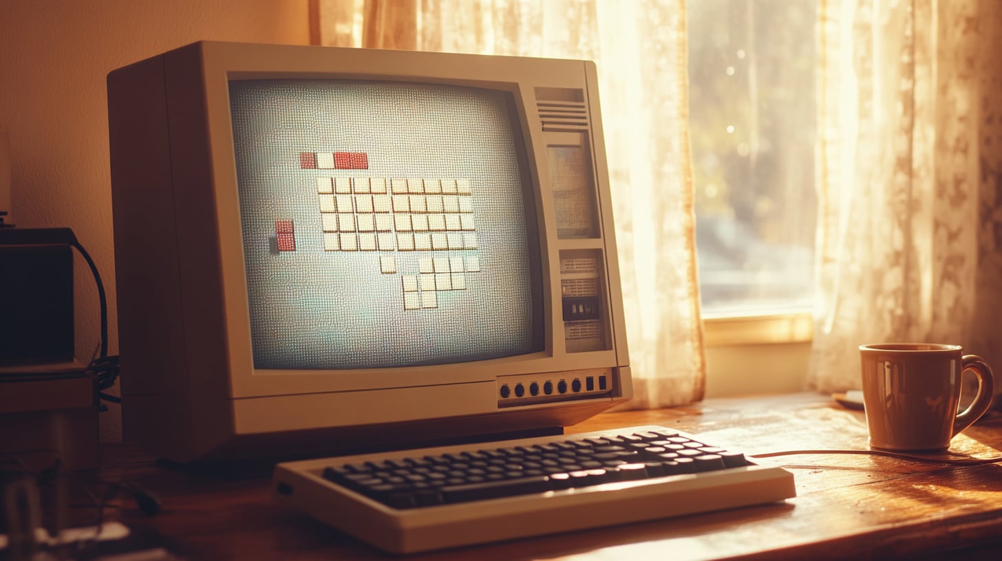 Tablero cuadriculado gris en estilo retro con celdas numeradas de colores y una bandera roja, evocando el Buscaminas clásico de Windows