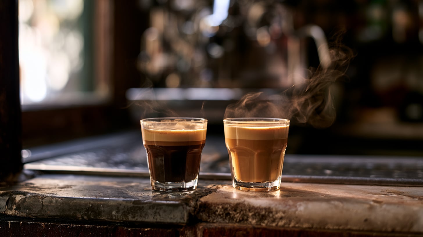 Dos vasos idénticos de café con leche sobre la barra de un bar, uno iluminado por la luz de la mañana y otro por la de la tarde