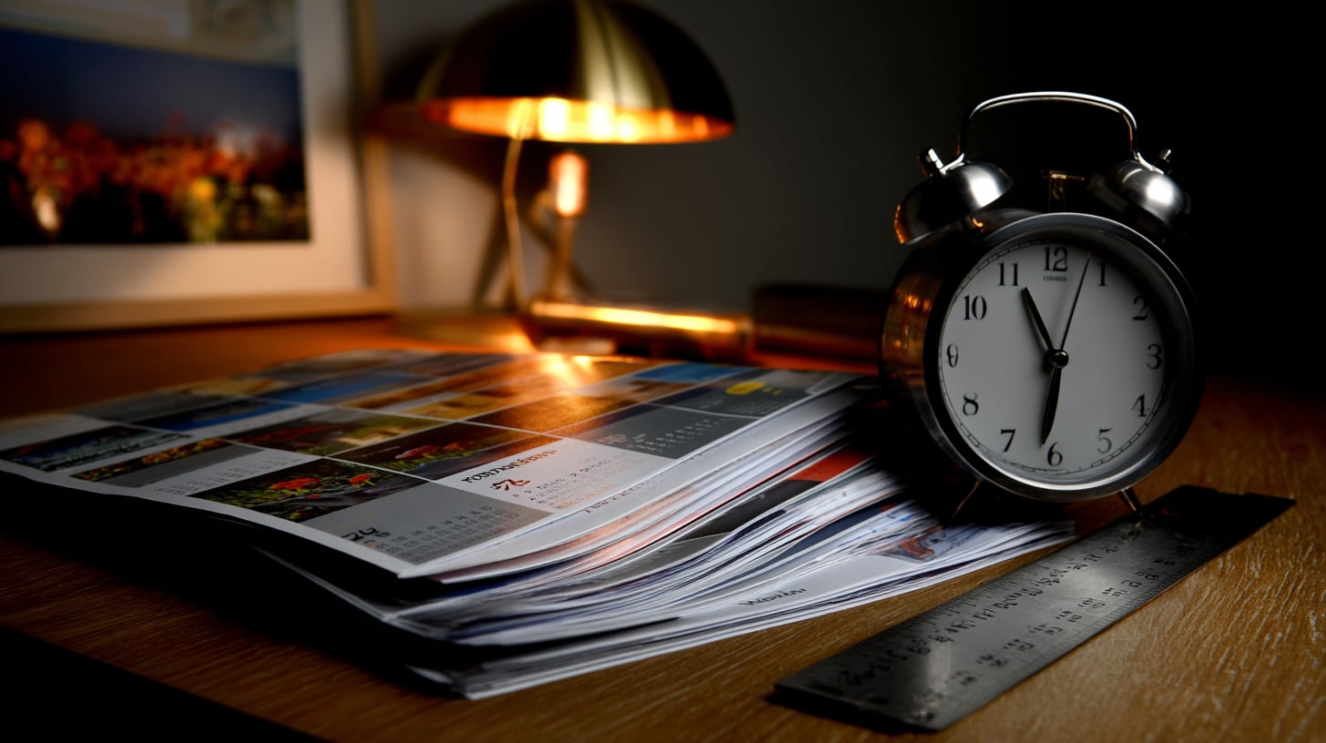 Calendario de escritorio con varias páginas desplegadas sobre una mesa de madera, junto a un reloj analógico y una regla metálica, iluminación lateral cálida de estudio, fotografía editorial sobre fondo neutro