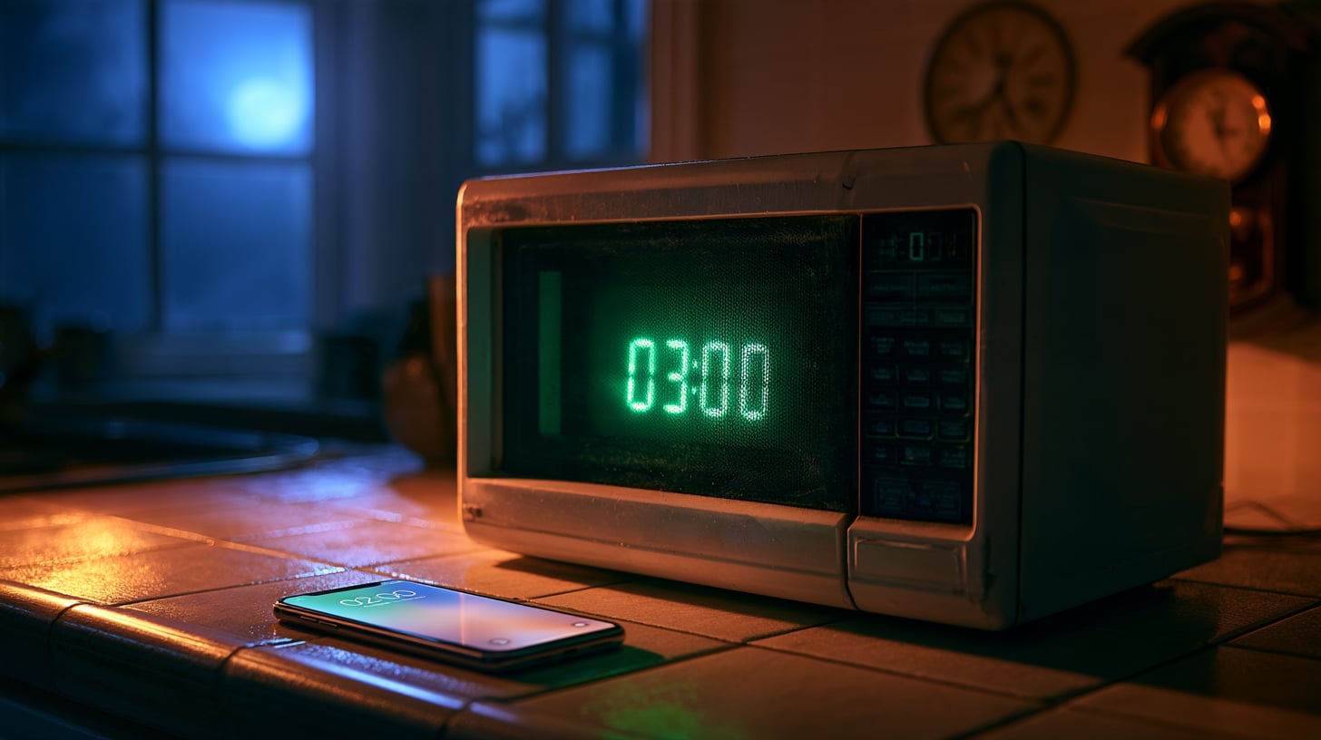 Cocina a oscuras de madrugada con el reloj digital de un microondas antiguo brillando junto a un teléfono móvil que marca otra hora