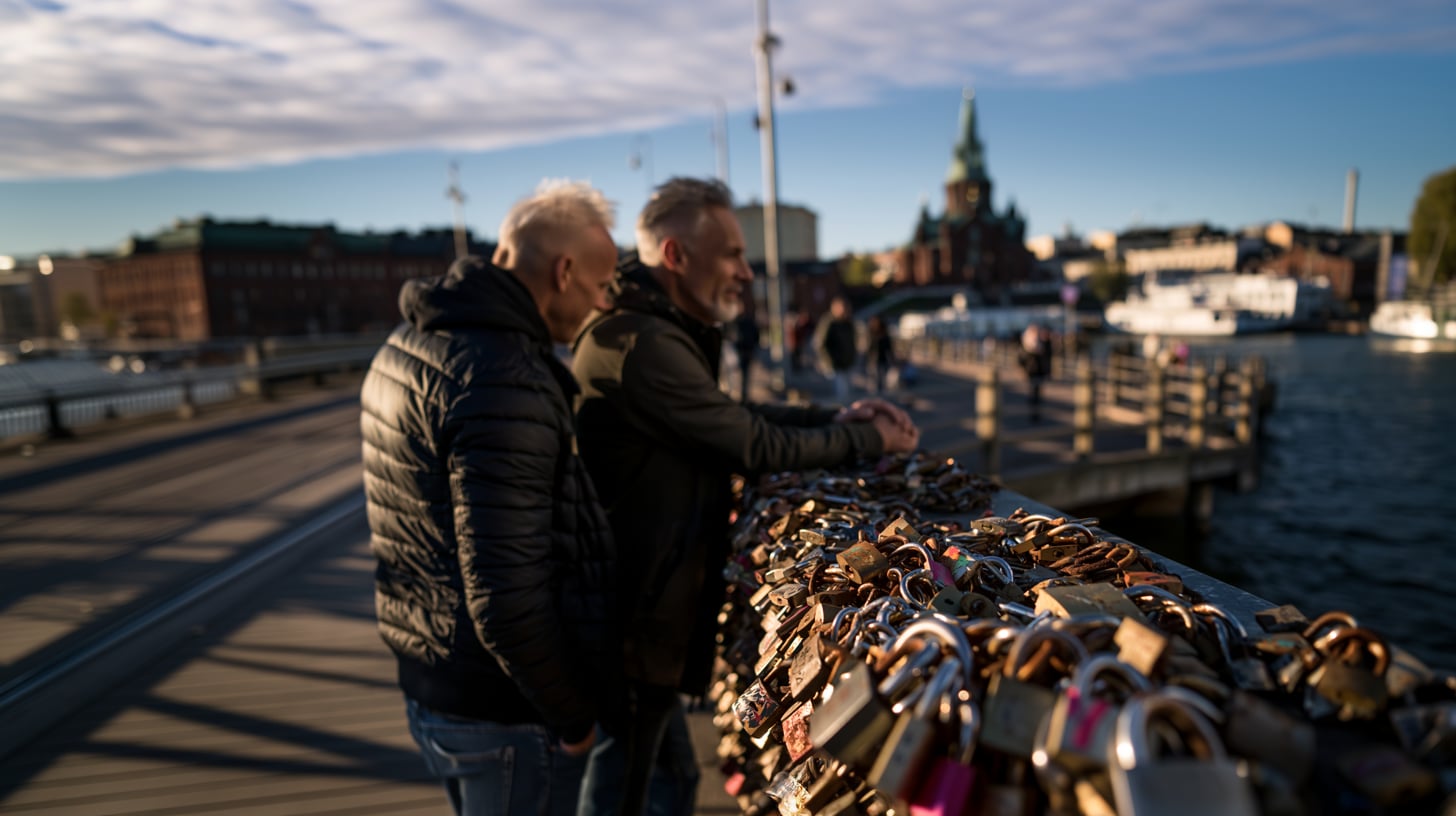 Barandilla del puente del amor de Helsinki cubierta por cientos de candados oxidados, con la catedral Uspenski al fondo
