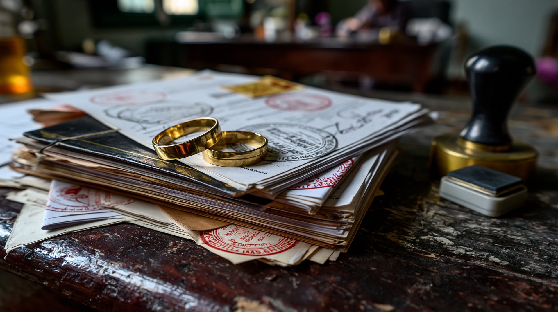 Dos alianzas de oro sobre un montón de documentos oficiales sellados y apostillados, en la mesa de madera de un registro civil español