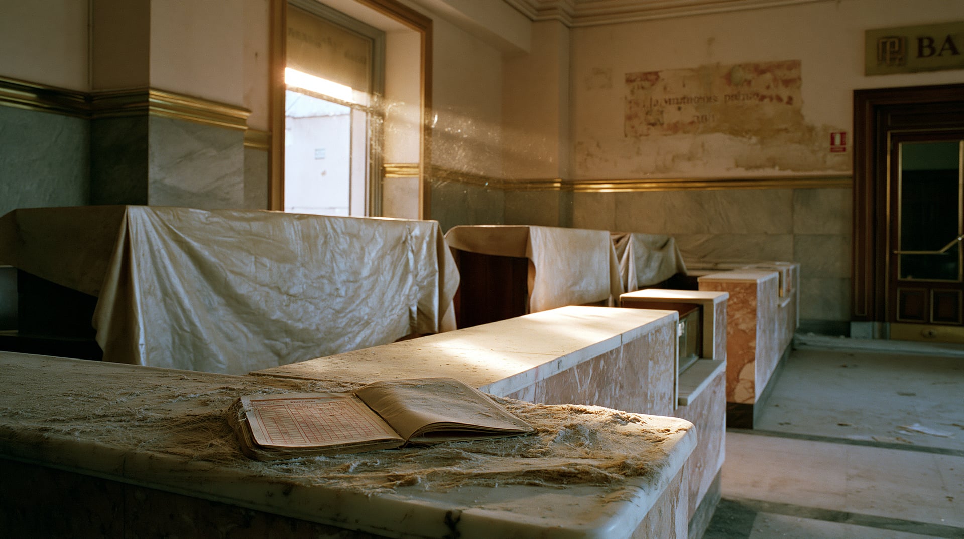 Interior de una oficina bancaria abandonada, con los mostradores cubiertos de polvo y una libreta de ahorros olvidada sobre el mármol