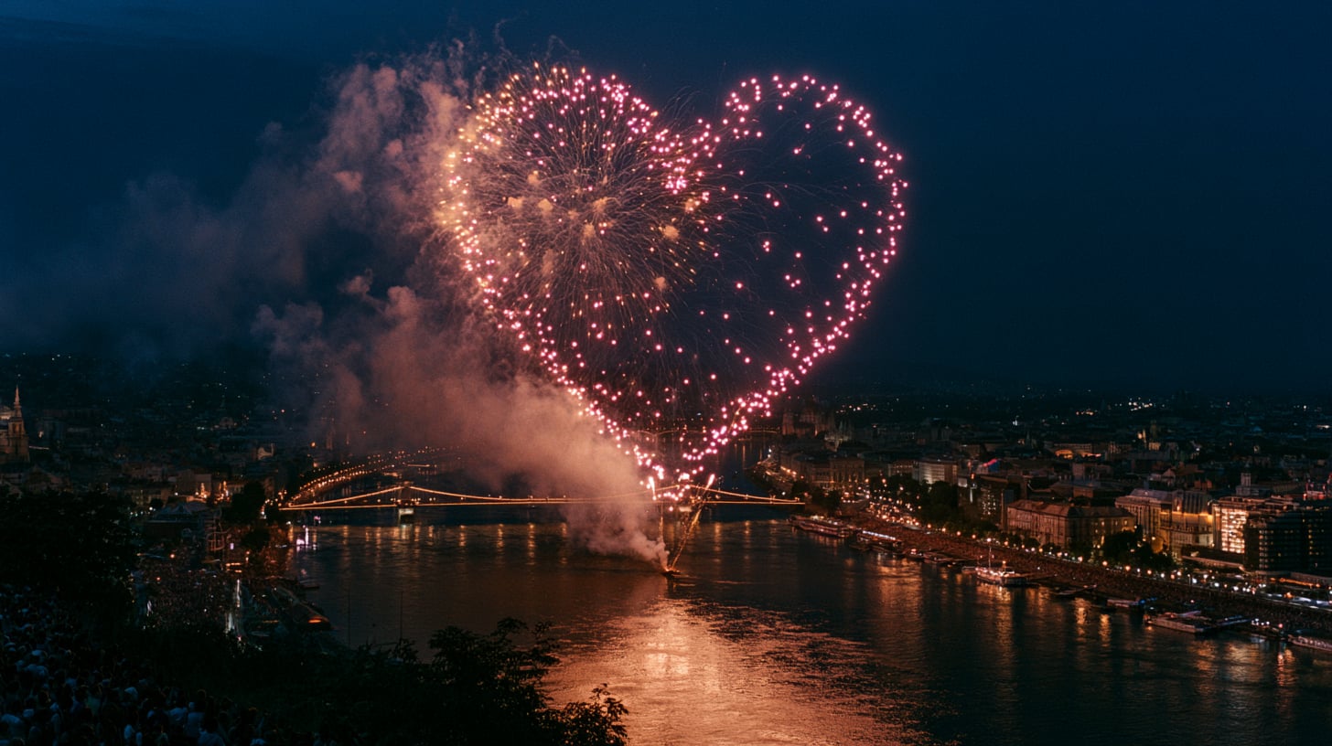Fuego artificial con forma de corazón estallando sobre la ría de Bilbao durante una noche de Aste Nagusia