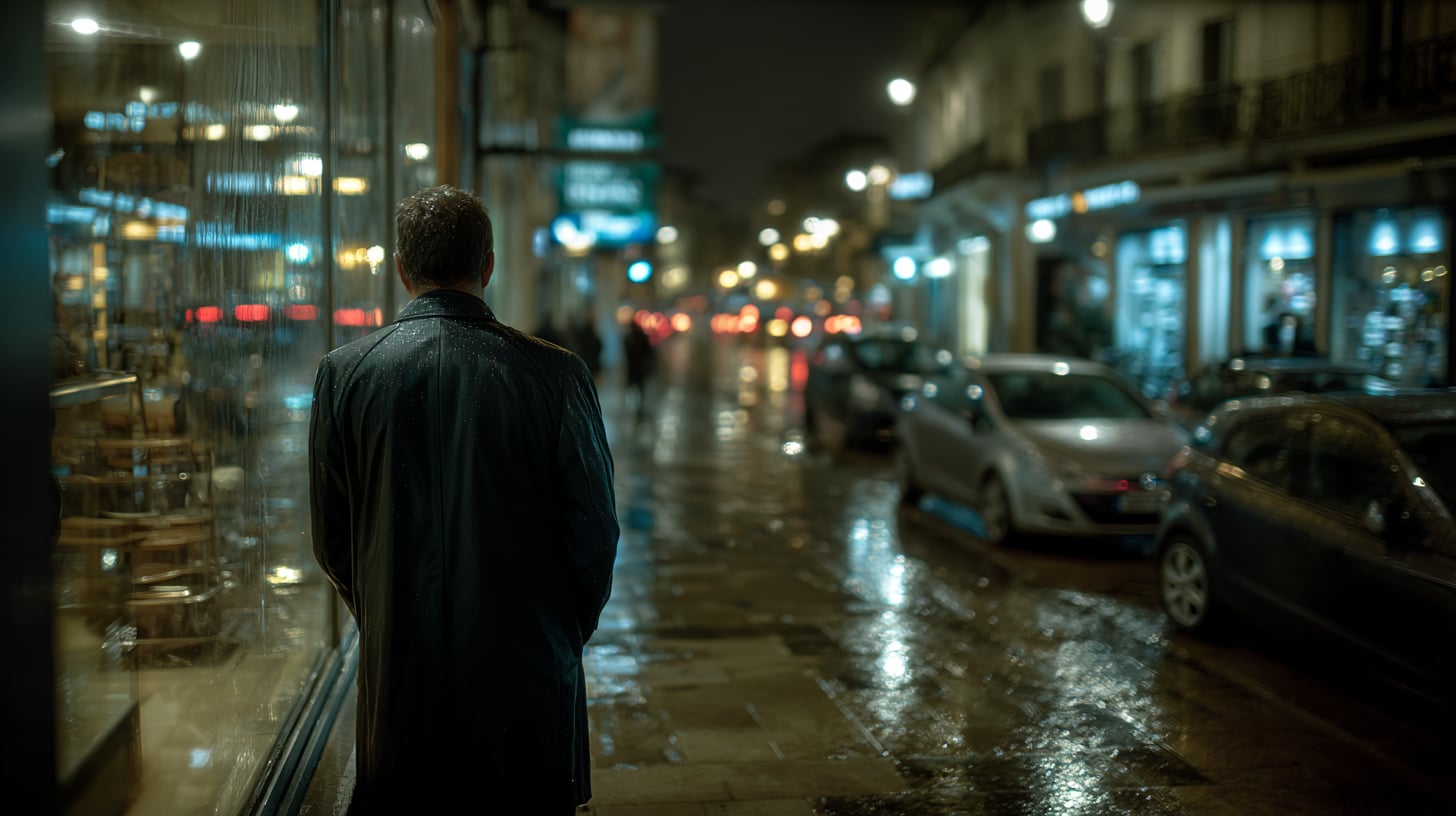 Silueta oscura de un hombre parado frente al escaparate iluminado de una joyería de noche. Los reflejos de los expositores se ven al fondo. La figura es solo una sombra, sin rasgos reconocibles.