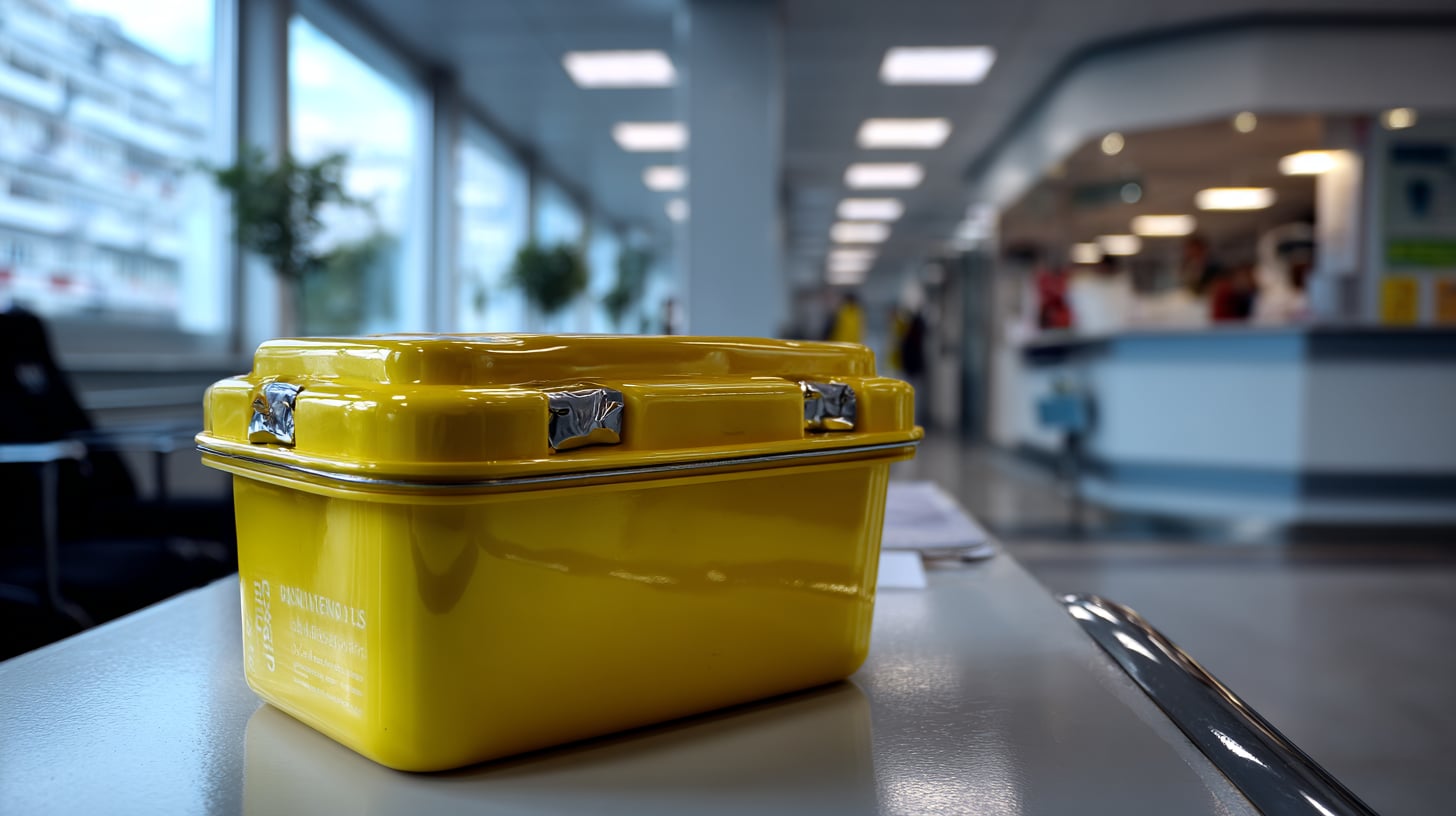 Primer plano de un pequeño contenedor amarillo de residuos biológicos sellado, sobre una superficie blanca de mostrador hospitalario, luz fluorescente fría, fondo desenfocado de una recepción sanitaria