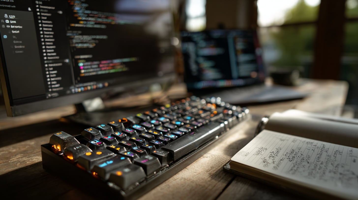 Cuaderno de notas abierto junto a un teclado mecánico, con código HTML visible en la pantalla al fondo, luz natural de escritorio