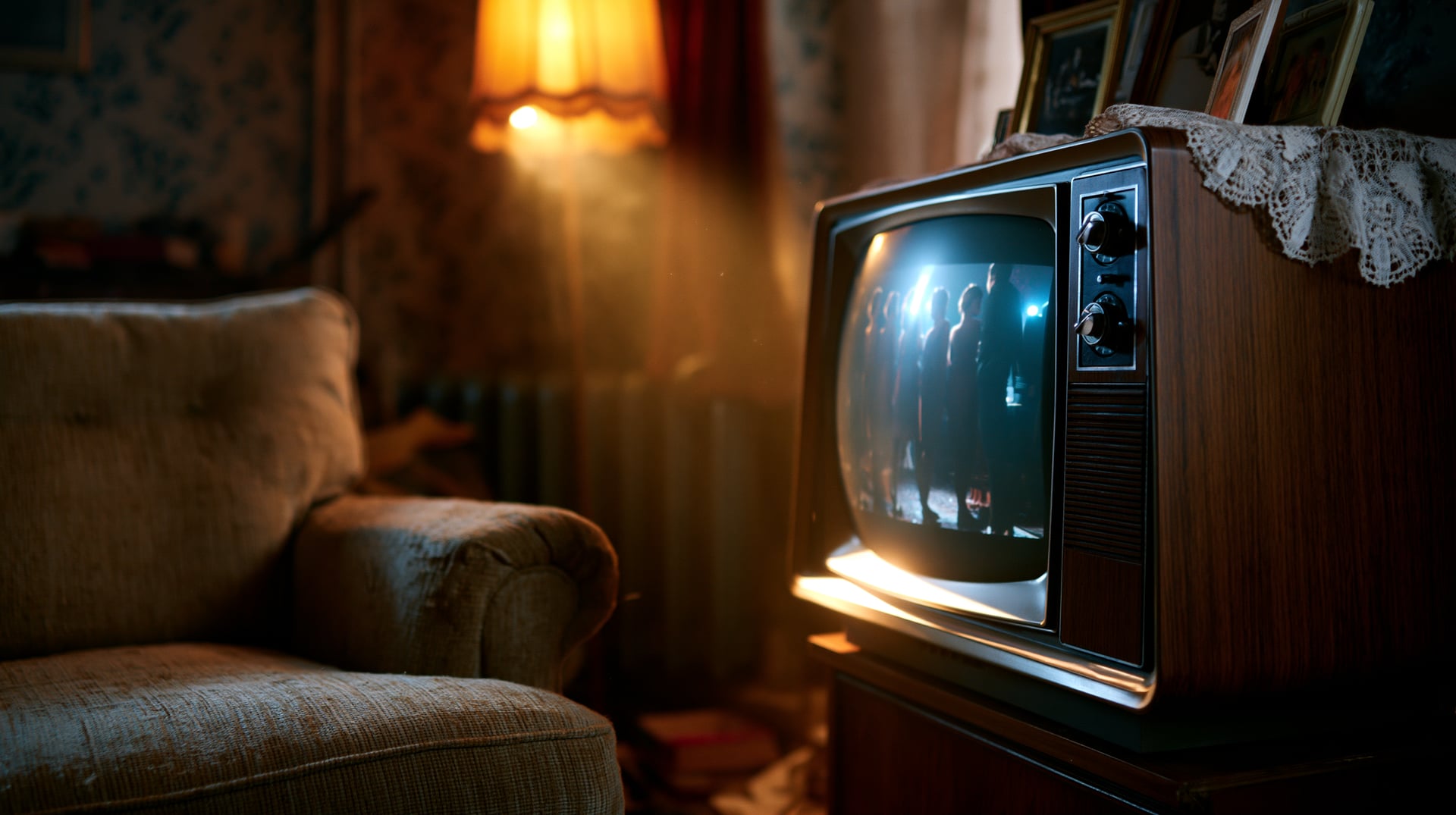 Salón en penumbra de los años ochenta con un televisor de tubo encendido mostrando siluetas humanas estiradas durante los títulos de crédito de una película