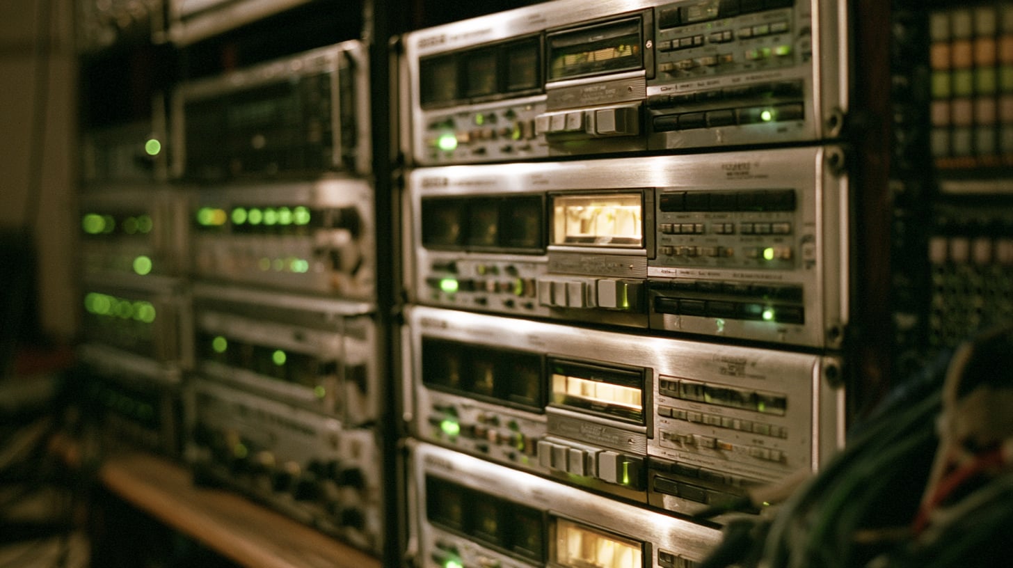 Rack de grabadores DAT profesionales en un estudio de grabación de los años noventa, con frontales metálicos, pequeños indicadores luminosos y una bandeja abierta