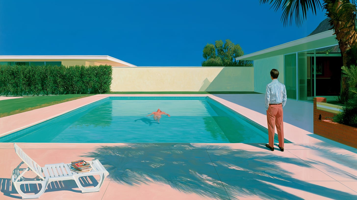 Piscina de un jardín californiano a mediodía con una tumbona y varias revistas apiladas junto al agua
