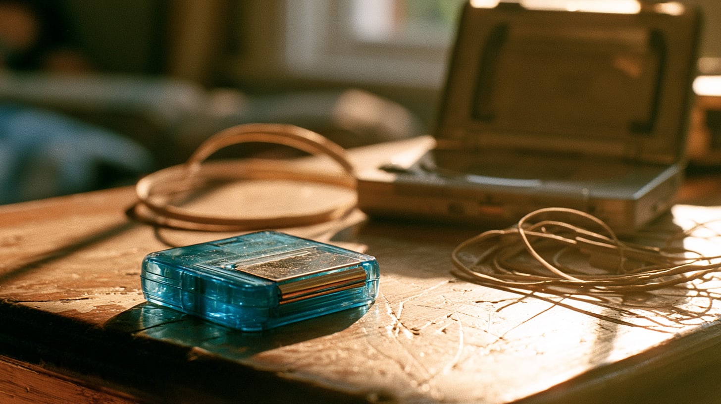 Un MiniDisc de carcasa translúcida azul sobre una mesa de madera, junto a un discman abierto y unos auriculares de diadema fina de los años noventa