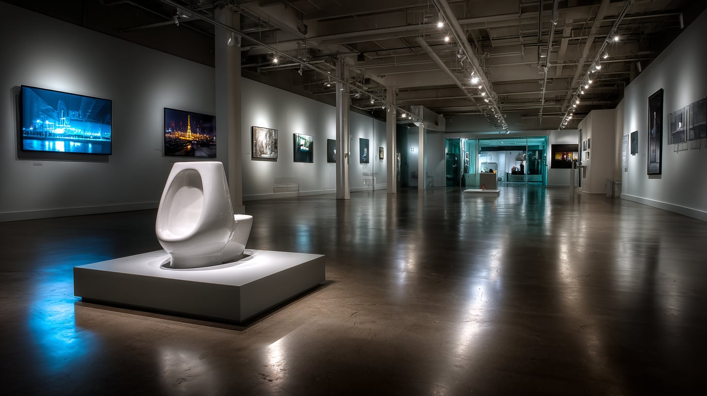 Galería de arte contemporáneo vacía con iluminación dramática, un urinario blanco sobre pedestal en primer plano y grandes pantallas de televisión al fondo mostrando imágenes borrosas de platós y conciertos, fotografía documental realista