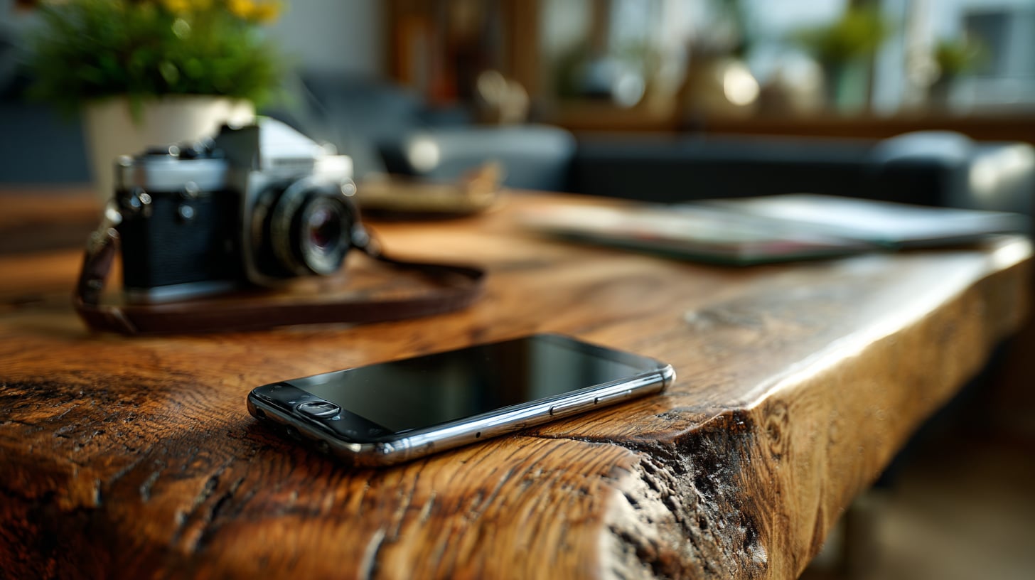 Teléfono móvil apagado sobre una mesa de madera junto a una cámara analógica, luz natural difusa