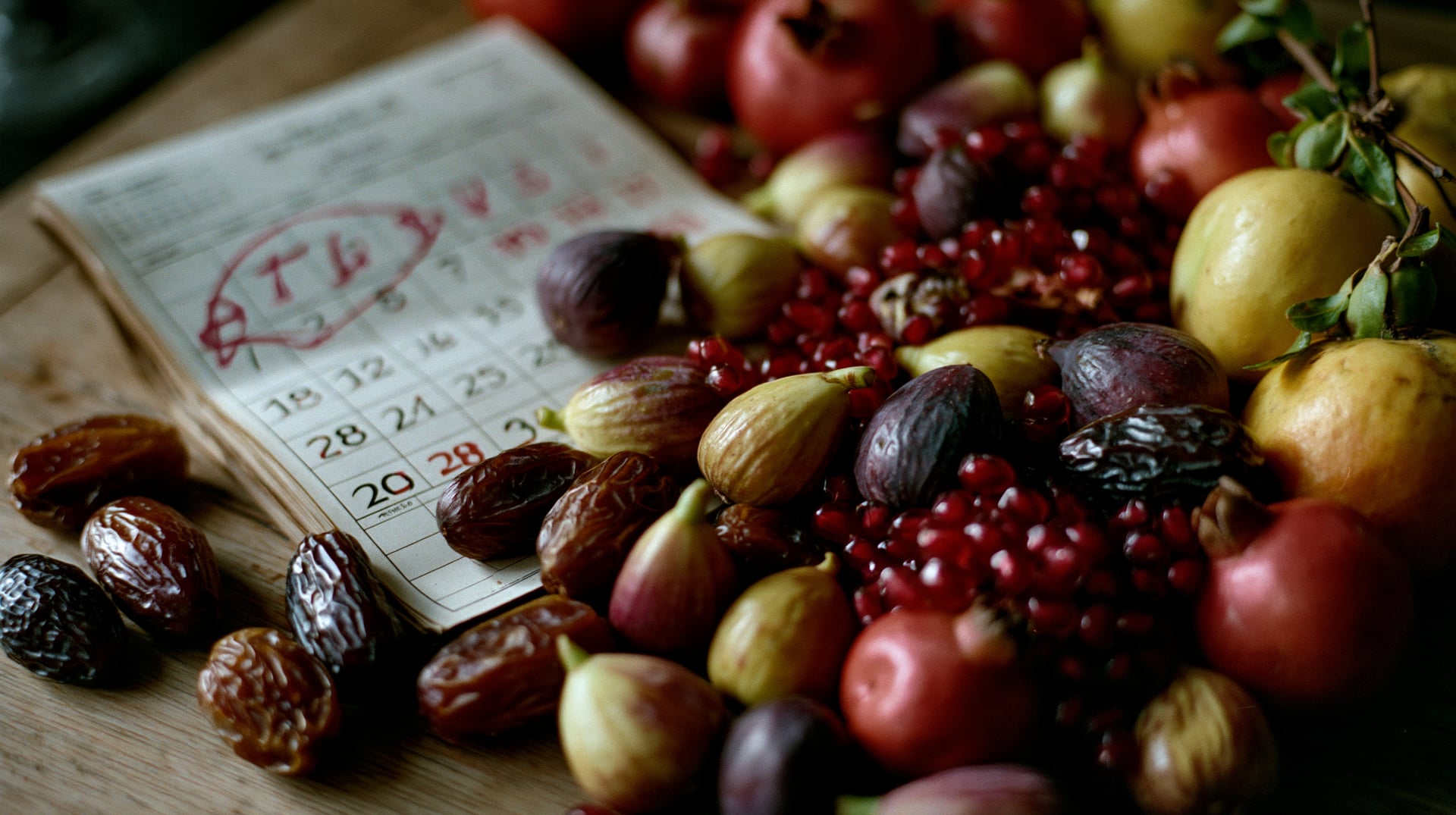 Calendario de pared con una fecha marcada en rojo, rodeado de fruta fresca variada en luz natural