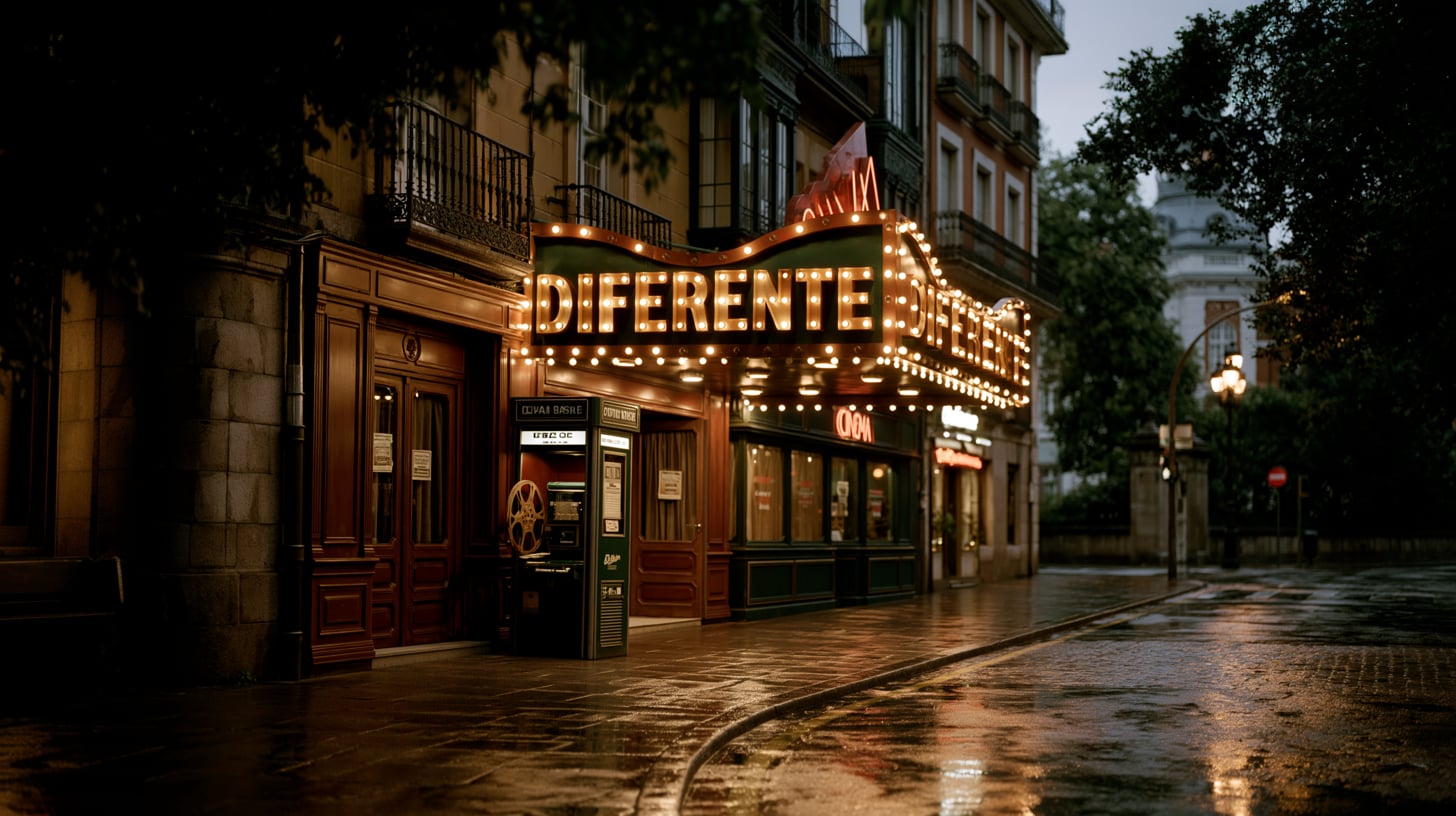 Fachada de un cine europeo de los años sesenta iluminada de noche, con marquesina encendida y calle vacía reflejando las luces