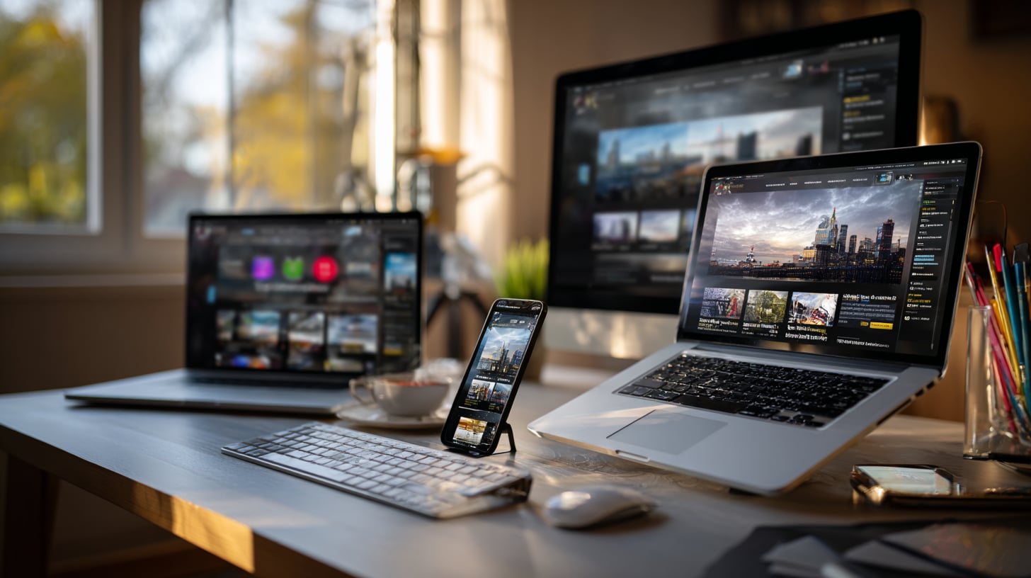 Múltiples pantallas de diferentes tamaños mostrando el mismo contenido web adaptado a cada una, desde un monitor de escritorio hasta un móvil.
