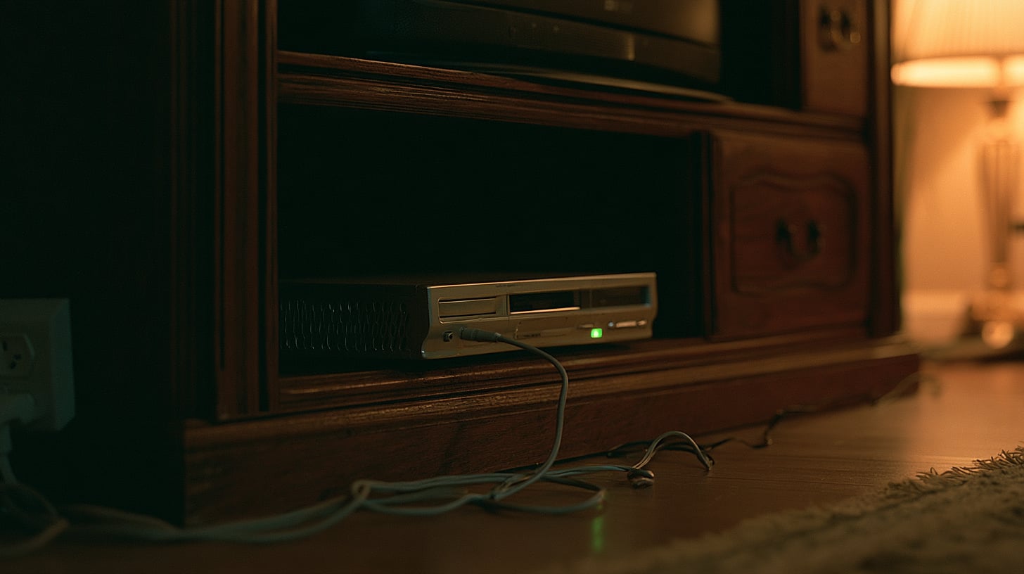 Reproductor de DVD de finales de los noventa en un mueble de salón, con un cable de teléfono saliendo por detrás hacia una roseta de la pared