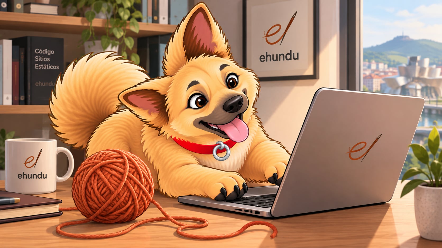 Ilustración de Nidel, el perro mascota de Ehundu, tecleando en un portátil con el logotipo de la aguja, junto a un ovillo de lana naranja y una taza de Ehundu, con Bilbao y el Guggenheim al fondo por la ventana