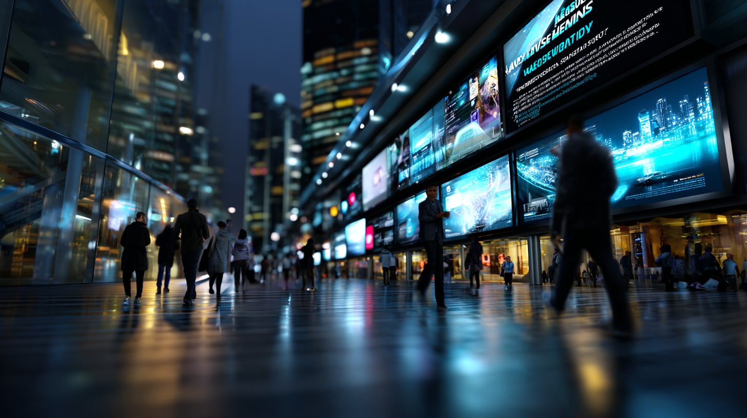Una ciudad futurista de noche donde enormes pantallas digitales proyectan noticias y música sobre los transeúntes, que caminan sin mirar hacia arriba, absortos en sus teléfonos