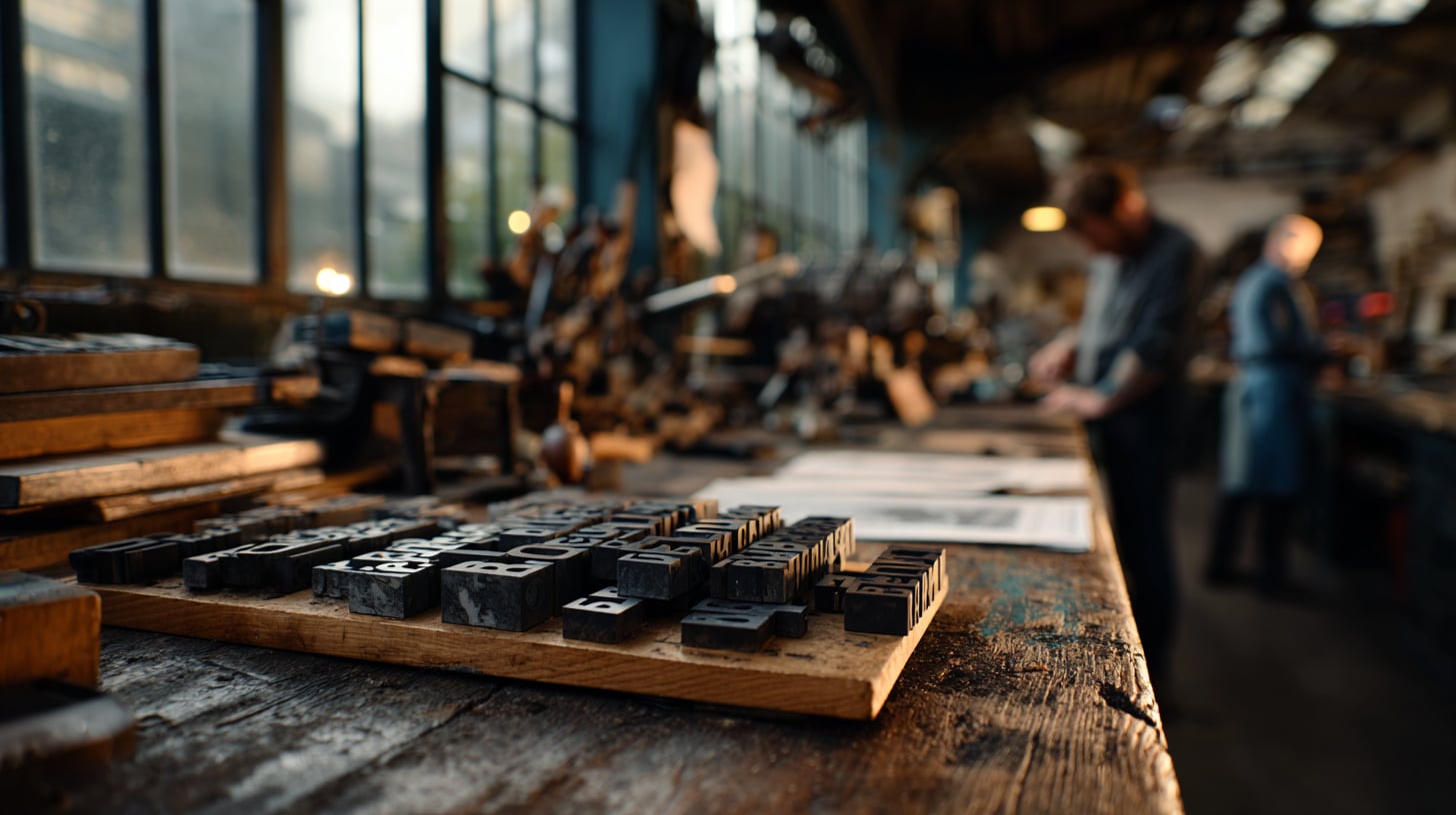 Interior de una imprenta europea antigua con tipos móviles de madera sobre una mesa de trabajo y luz cálida de tarde