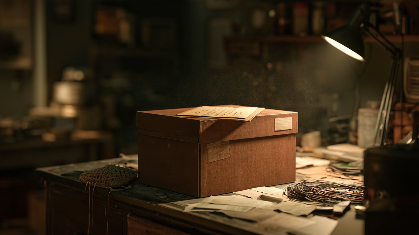Caja de archivo cerrada sobre una mesa de trabajo en penumbra, junto a unos electrodos enrollados y una carpeta de papel. Luz lateral cálida, atmósfera de laboratorio doméstico abandonado.