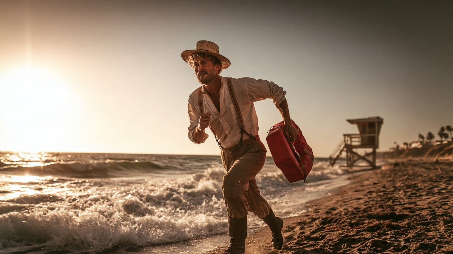 Hombre vestido de granjero del siglo XIX corriendo por la playa con un salvavidas rojo