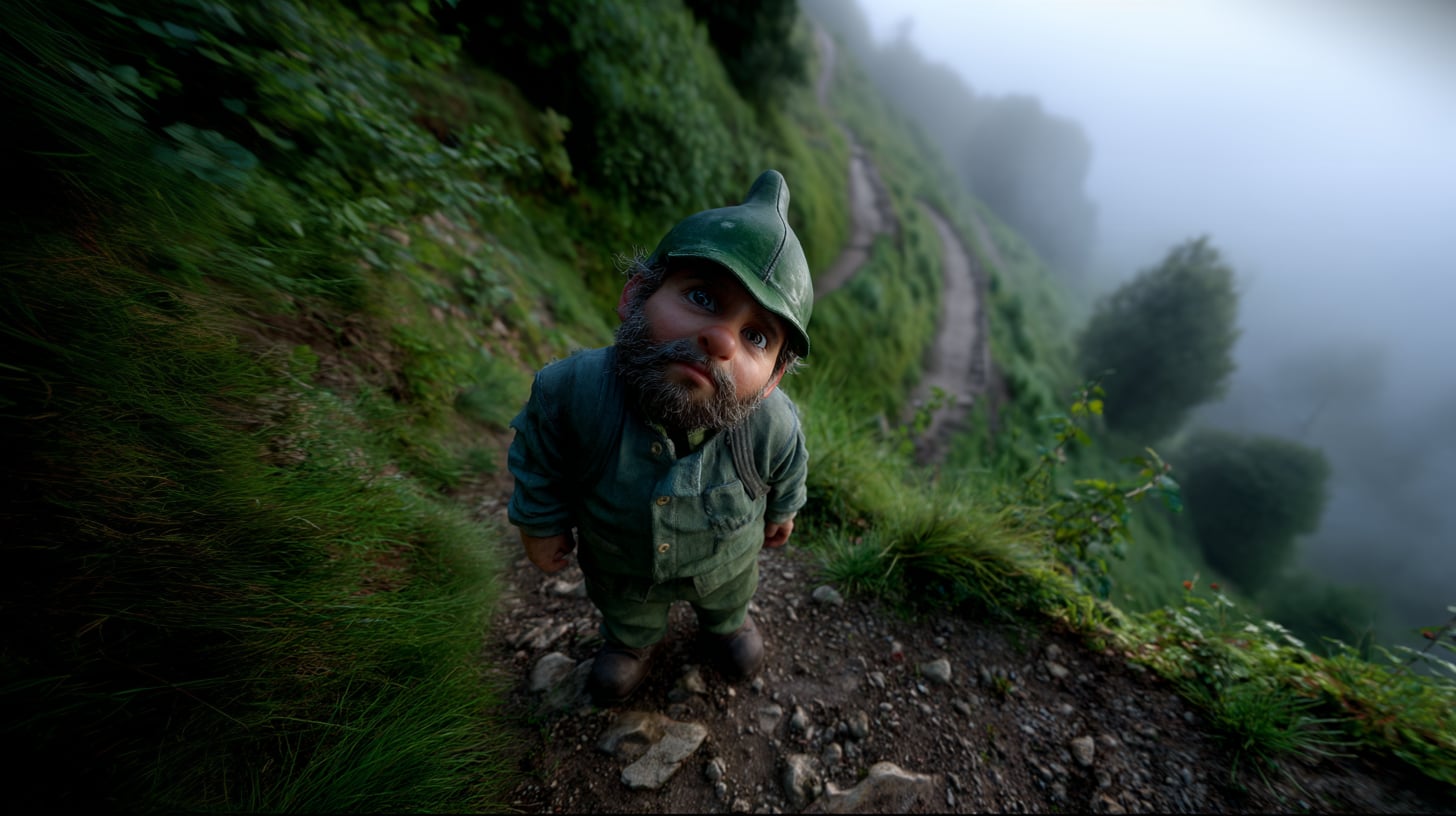 Figura pequeña y enrojecida en un sendero de montaña visto desde arriba, entre vegetación vasca densa y vías de funicular