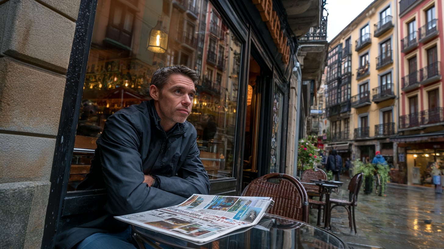 Un hombre de mediana edad sentado solo en una terraza del Casco Viejo de Bilbao, con un periódico desplegado sobre la mesa. La imagen tiene una calidad ligeramente onírica, como si el reflejo en el cristal del bar no terminara de coincidir con la realidad.