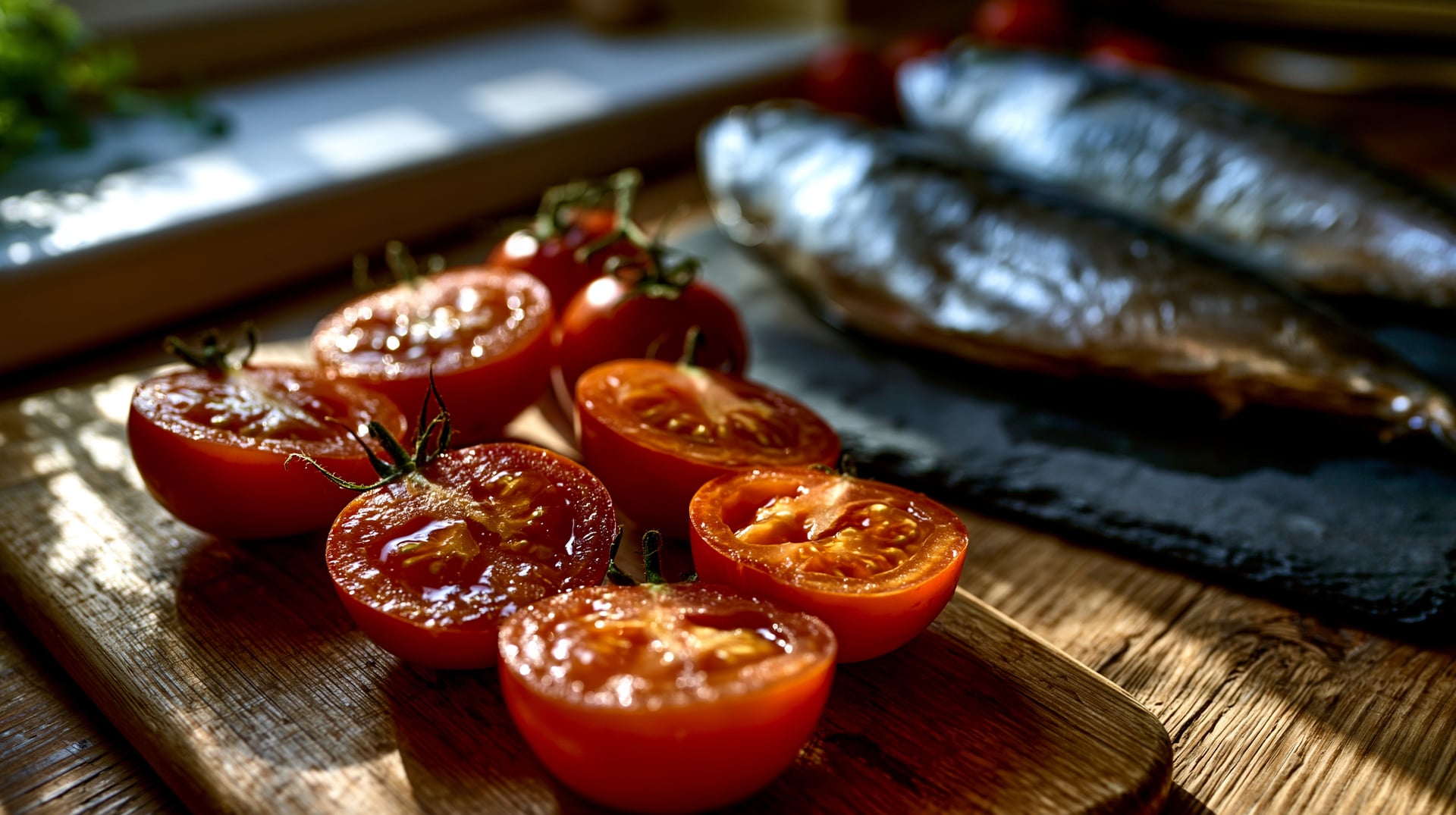 Tomates maduros partidos por la mitad sobre una tabla de madera junto a un pescado fresco, luz de mediodía en una cocina.