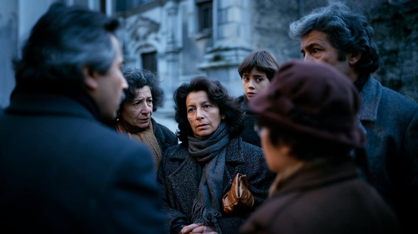 Grupo de padres y madres conversando en voz baja al atardecer frente a una parroquia, en un ambiente de tensión contenida, estilo fotográfico de los años ochenta
