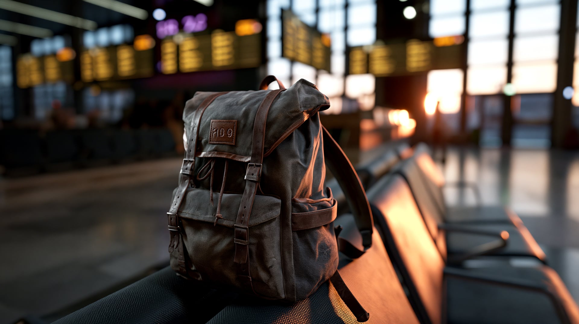 Una mochila de viaje como equipaje de mano en la puerta de embarque de un aeropuerto