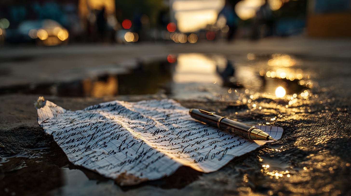 Papel cuadriculado con texto manuscrito en letra cursiva sobre el asfalto
