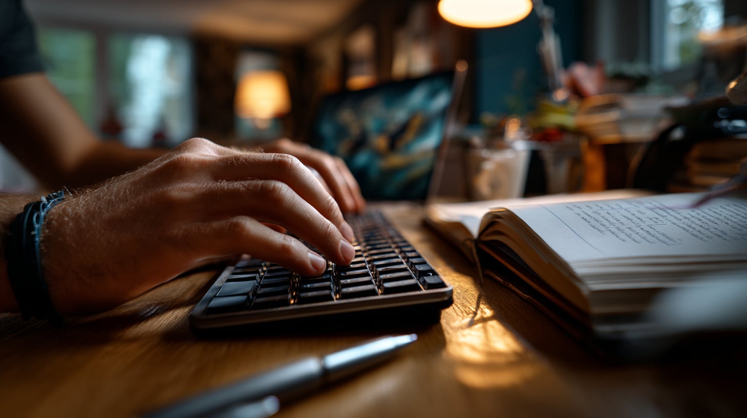 Manos escribiendo en un teclado de ordenador sobre una mesa de trabajo, con una libreta abierta al lado.