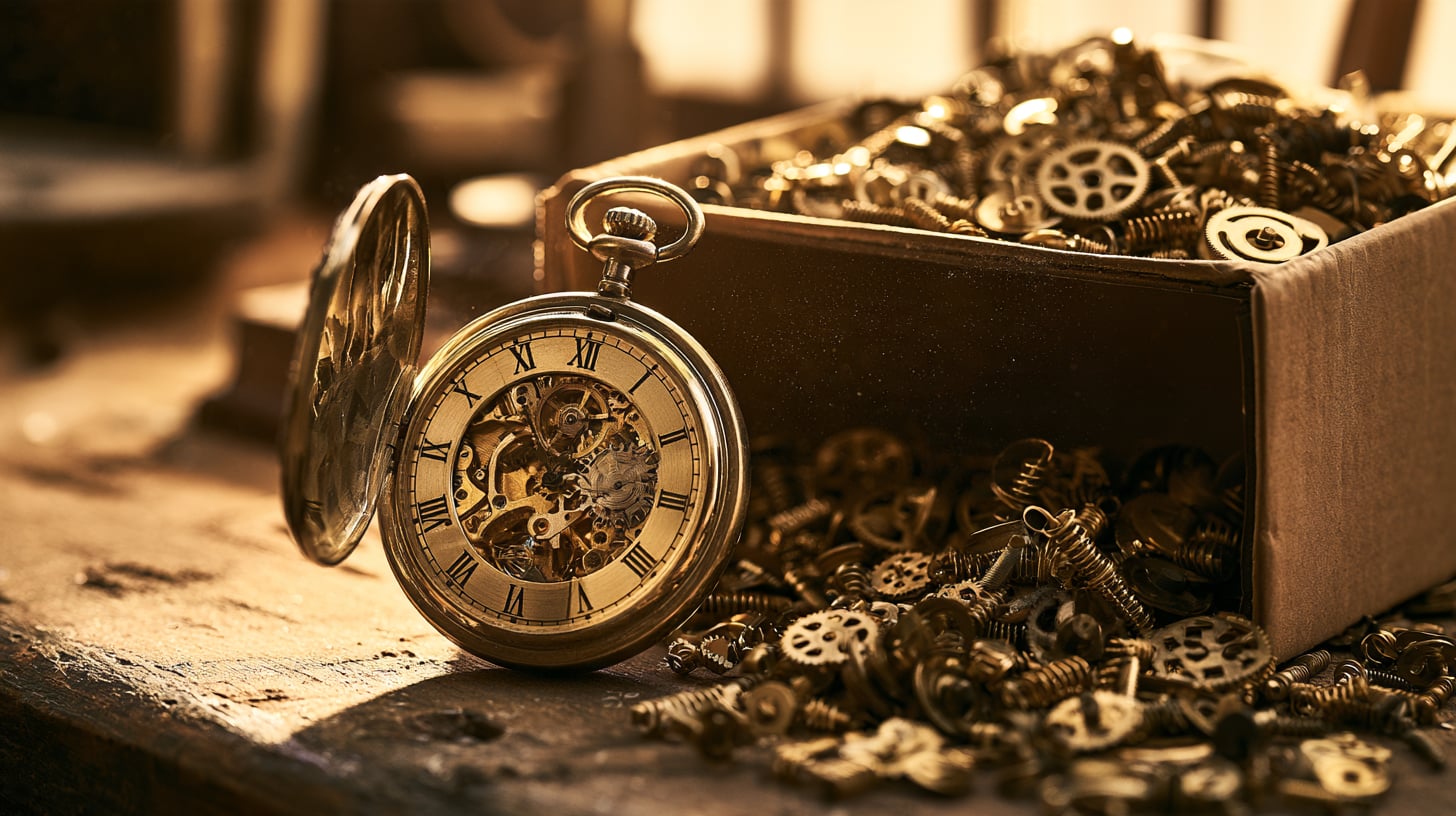 Mesa de taller con un reloj mecánico abierto y reluciente, montado solo con unas pocas piezas precisas, junto a una caja rebosante de piezas sobrantes que nadie ha necesitado