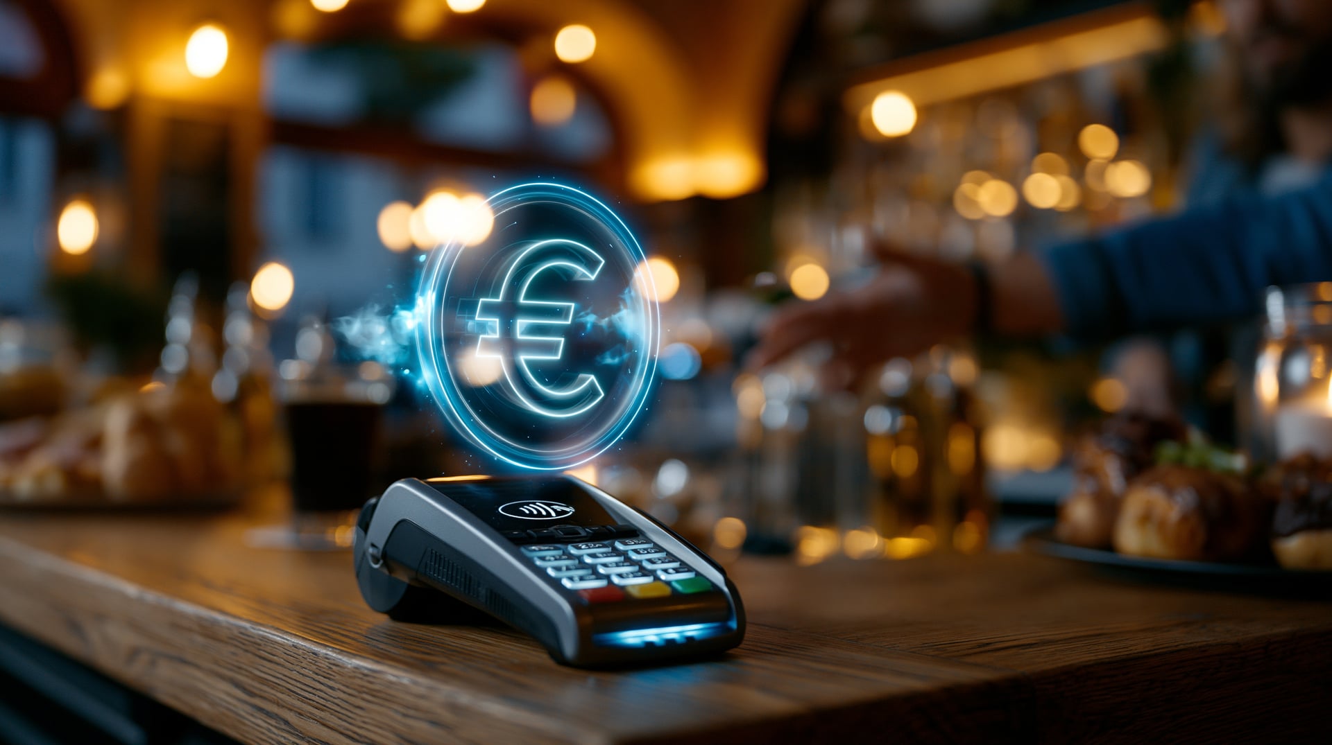 Símbolo del euro proyectado como holograma luminoso sobre un datáfono en la barra de un café europeo al atardecer