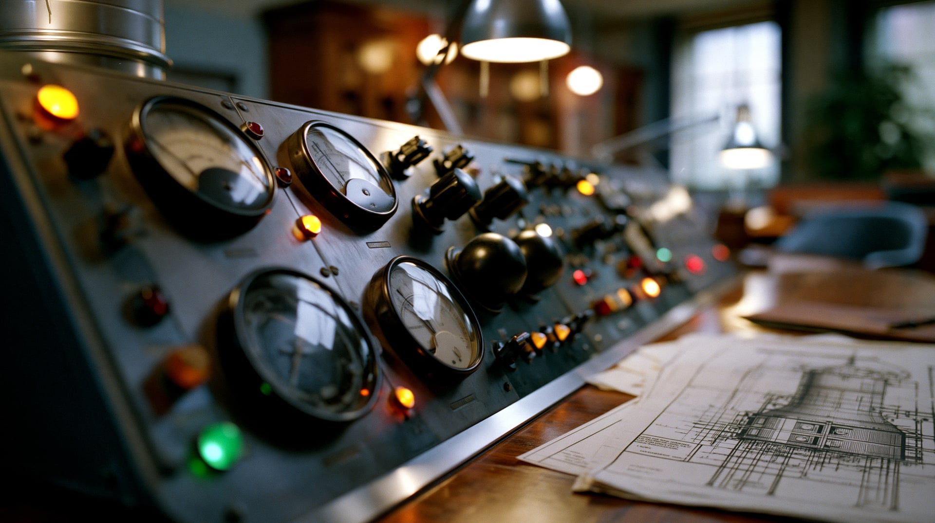 Panel de control industrial de estilo retro con indicadores analógicos y planos técnicos sobre una mesa de dibujo, iluminación cálida de despacho antiguo