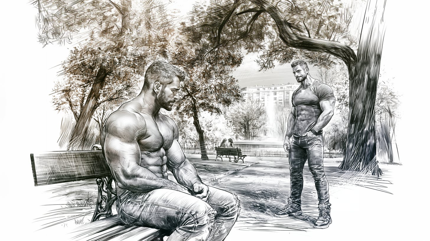 Ilustración a carboncillo de dos hombres en los muelles del Nervión, trazo sucio sobre papel sepia
