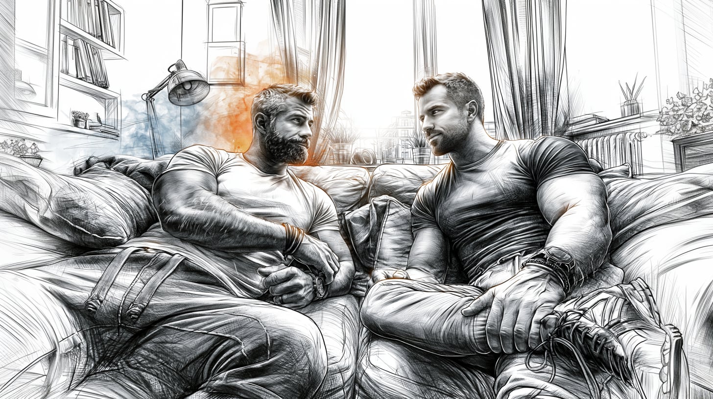 Ilustración a carboncillo de dos hombres en los muelles del Nervión, trazo sucio sobre papel sepia