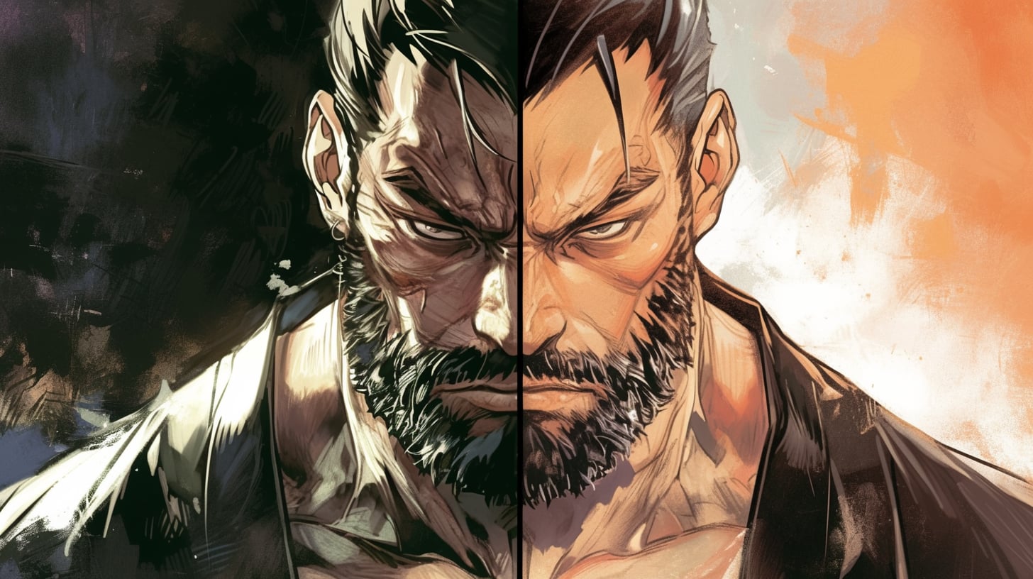 Ilustración de estilo manga de un hombre corpulento de barba y complexión osuna, en dos mitades: una en trazo duro y explícito, otra en un tono familiar y luminoso