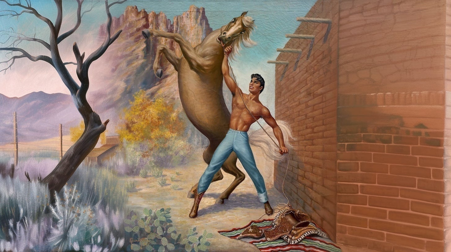 Escena al estilo de George Quaintance: vaqueros musculosos de torso desnudo junto a caballos en un paisaje desértico del Suroeste americano, luz dorada y composición escultórica