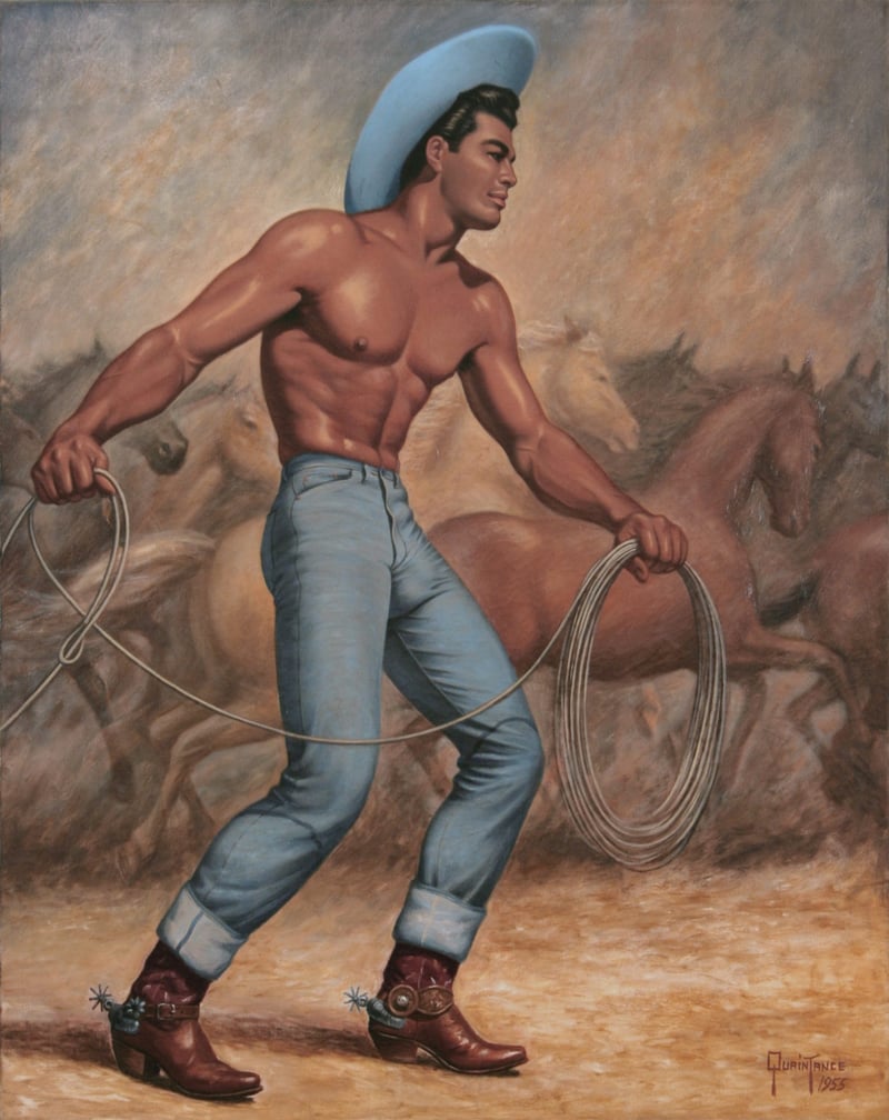 Pintura de George Quaintance con su estética característica: figuras masculinas idealizadas de musculatura escultórica en un escenario del Oeste americano