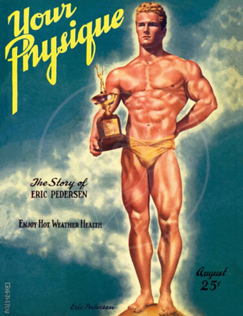 Reproducción de una ilustración de George Quaintance publicada en una revista physique de los años cincuenta, con figura masculina atlética idealizada
