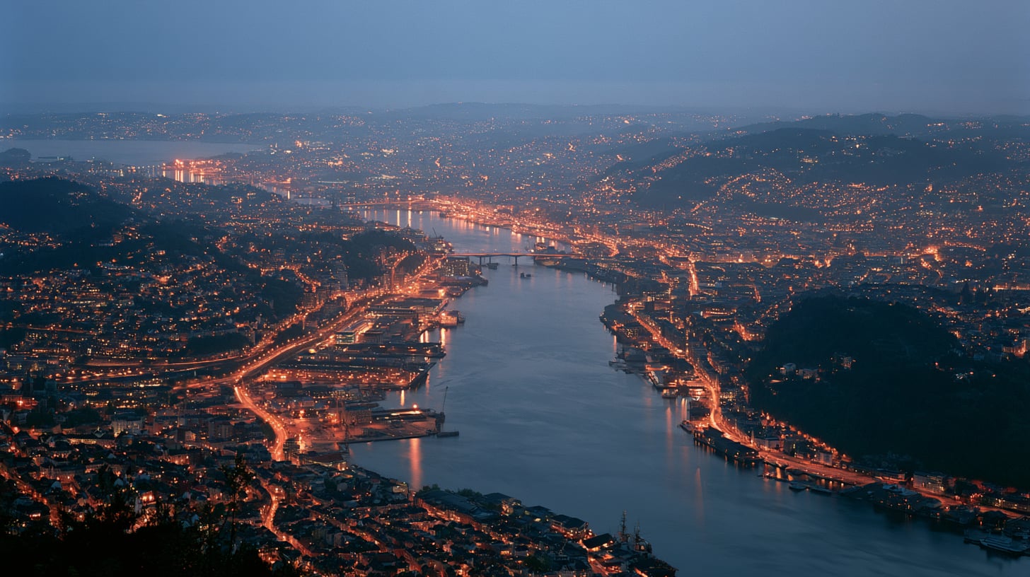 Vista aérea al atardecer de la ría de Bilbao con las luces encendidas de todos los municipios de la margen izquierda y derecha