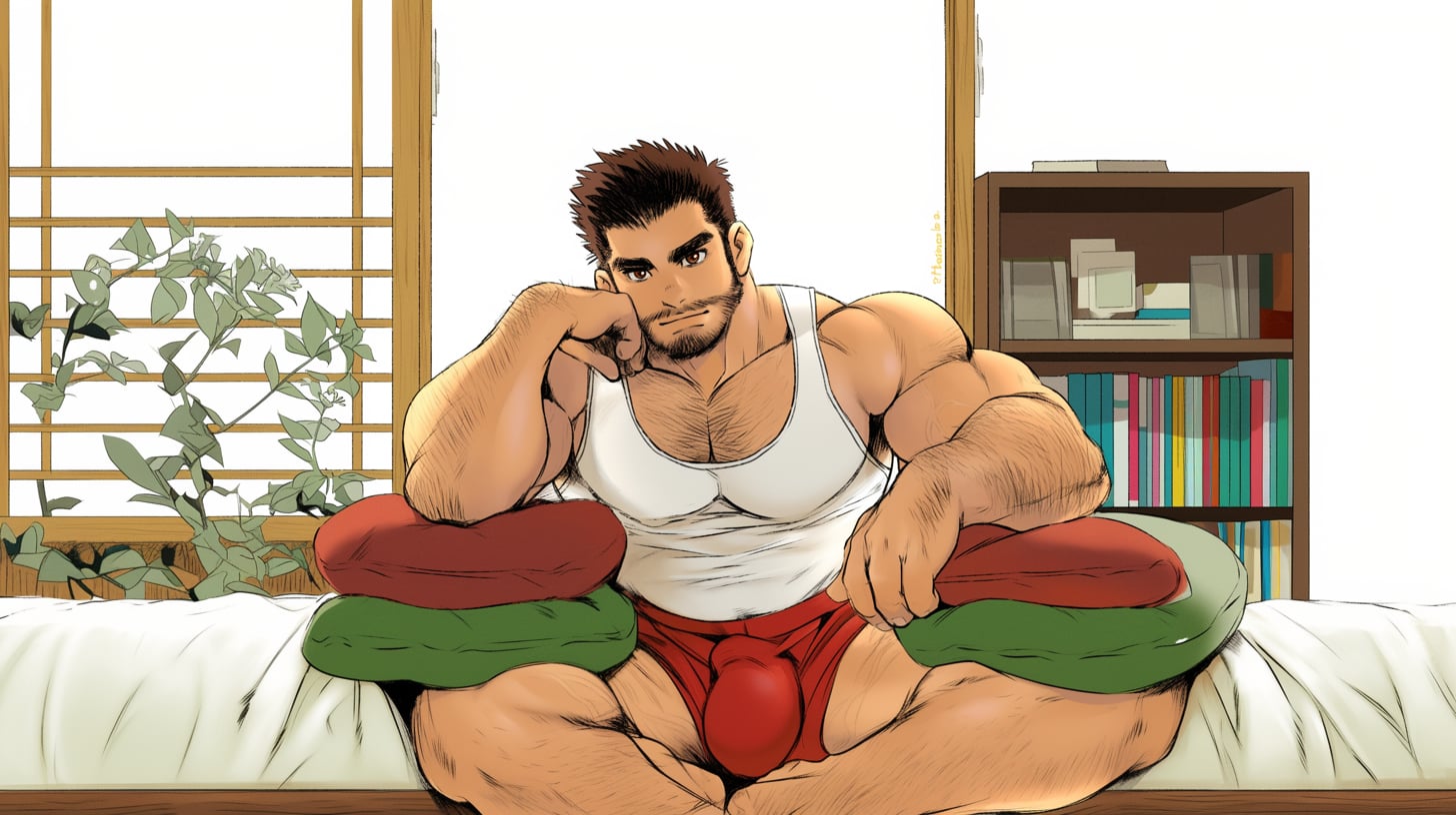 Ilustración de estilo manga de un hombre corpulento y musculado, trazo limpio y color cálido, mirada directa, homenaje al mundo del bara japonés