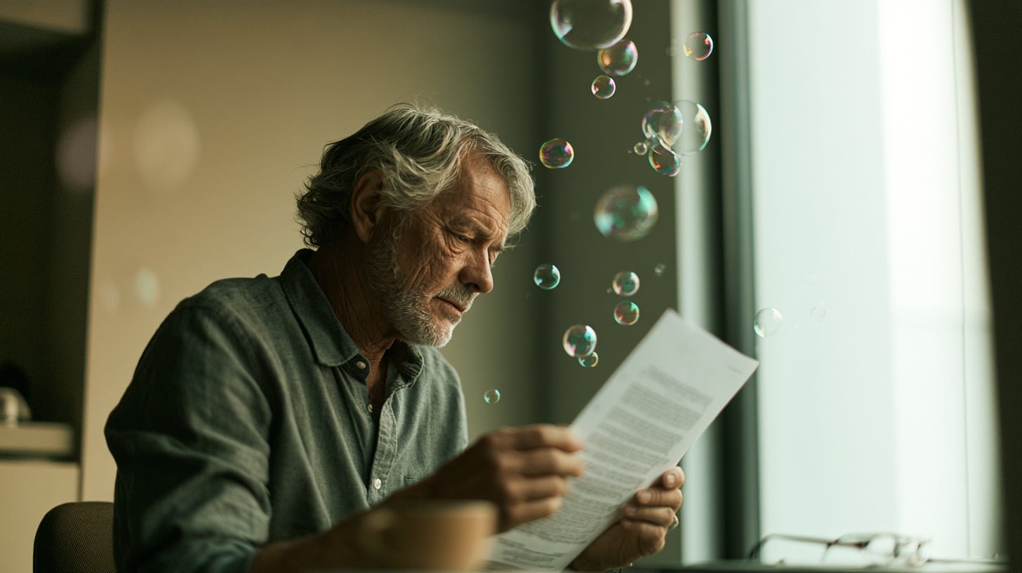 Hombre leyendo una carta en una mesa mientras las palabras impresas se despegan del papel y se convierten en pompas de jabón