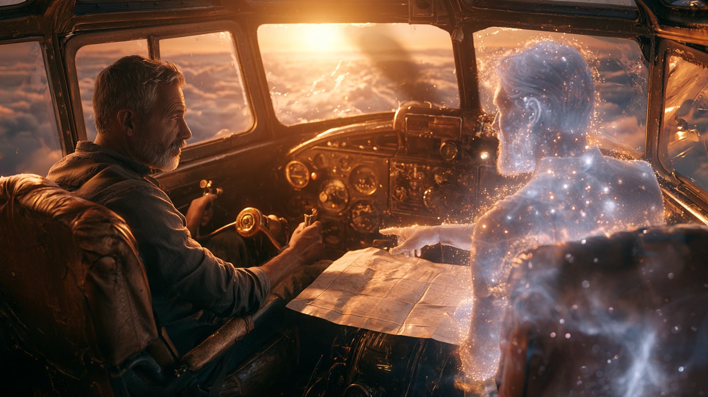 Hombre a los mandos de la cabina de un avión antiguo al atardecer, con una figura translúcida hecha de luz sentada en el asiento del copiloto