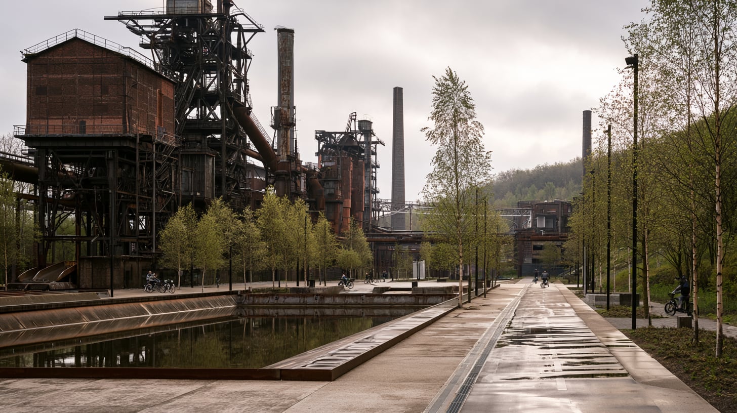 Antigua instalación industrial en Essen reconvertida en paseo peatonal con vegetación y una lámina de agua