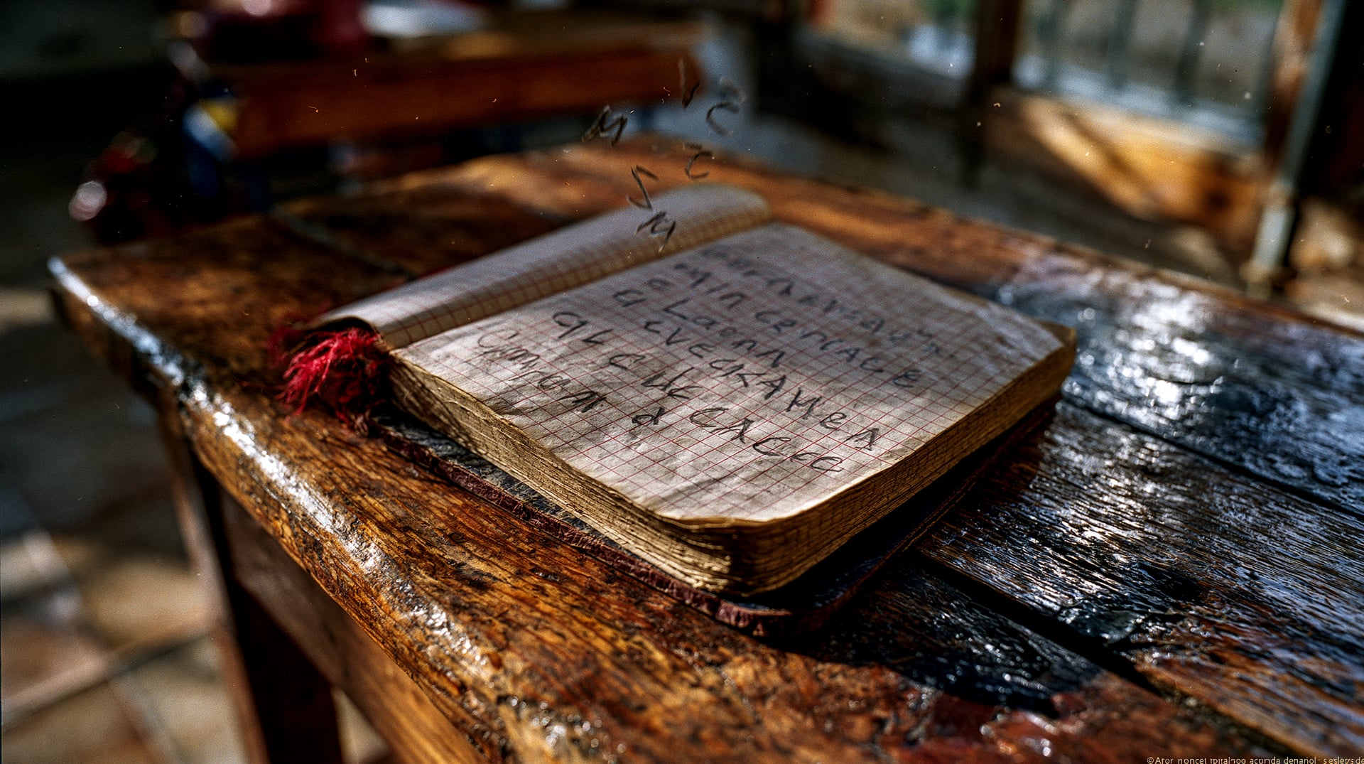 Cuaderno escolar de cuadrícula de los años ochenta sobre un pupitre de madera, con un nombre escrito a lápiz y algunas letras flotando sobre el papel