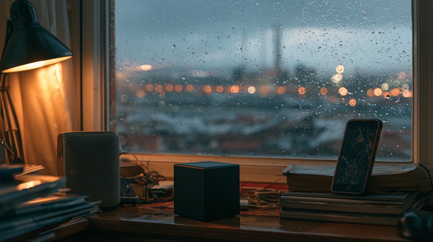 Cubo negro de nueve centímetros sobre un escritorio de madera, junto a un altavoz bluetooth y un móvil antiguo, con luz de flexo y una ventana lluviosa al fondo