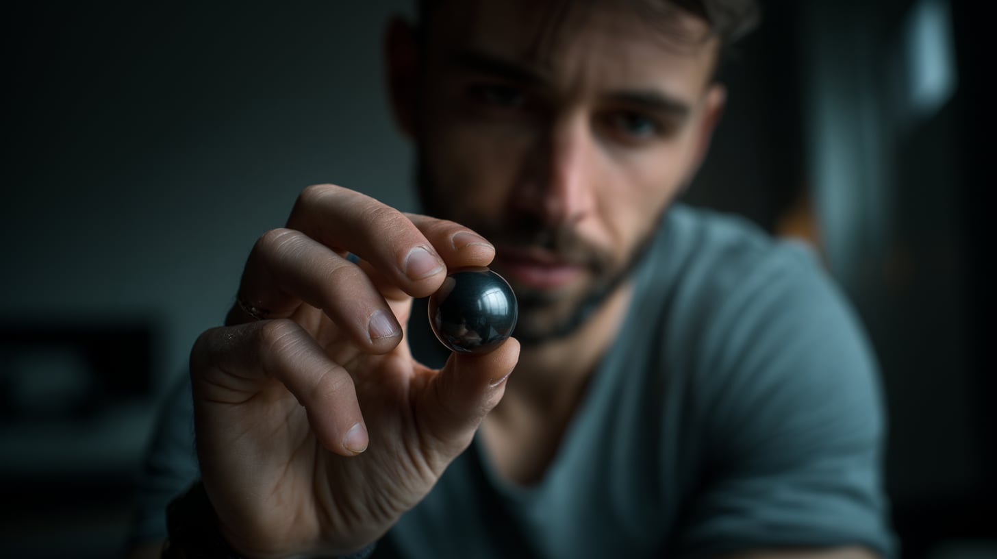 Mano masculina sosteniendo una pequeña esfera negra perfectamente pulida sobre fondo neutro oscuro. La esfera refleja débilmente la luz ambiente. Fotografía de detalle, atmósfera sobria y enigmática.